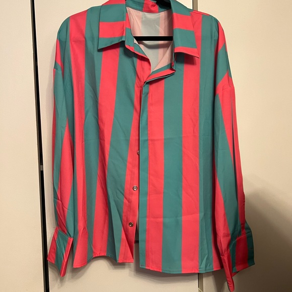 Tops - Button-Up Shirt in Teal and Coral Stripe